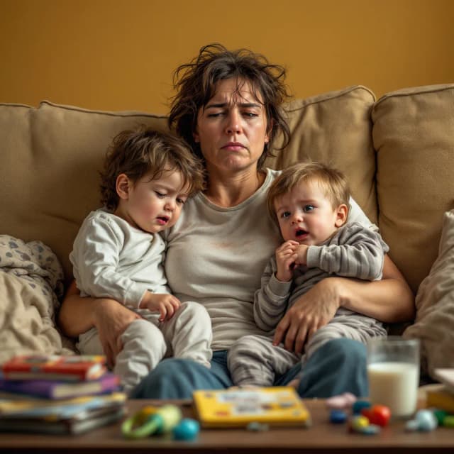 Tired parent with books